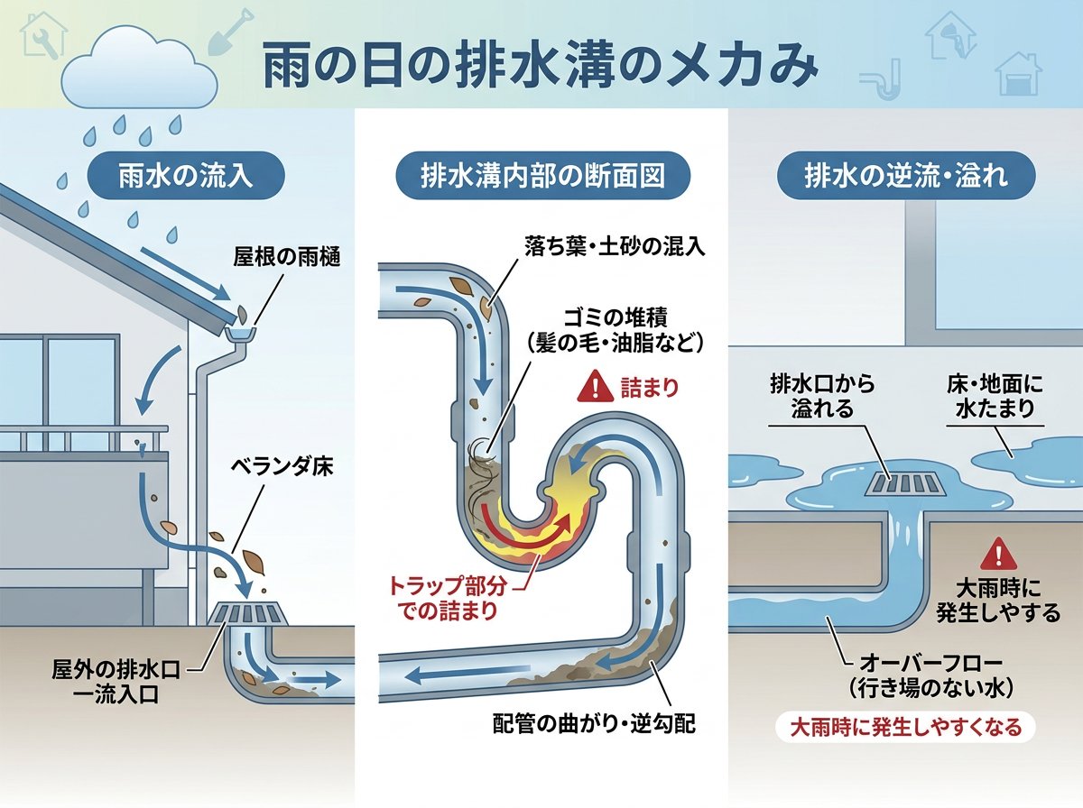 雨の日の排水溝つまりが起きる仕組み