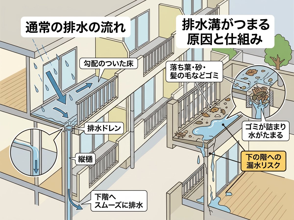 アパートのベランダ排水溝がつまる原因と仕組み