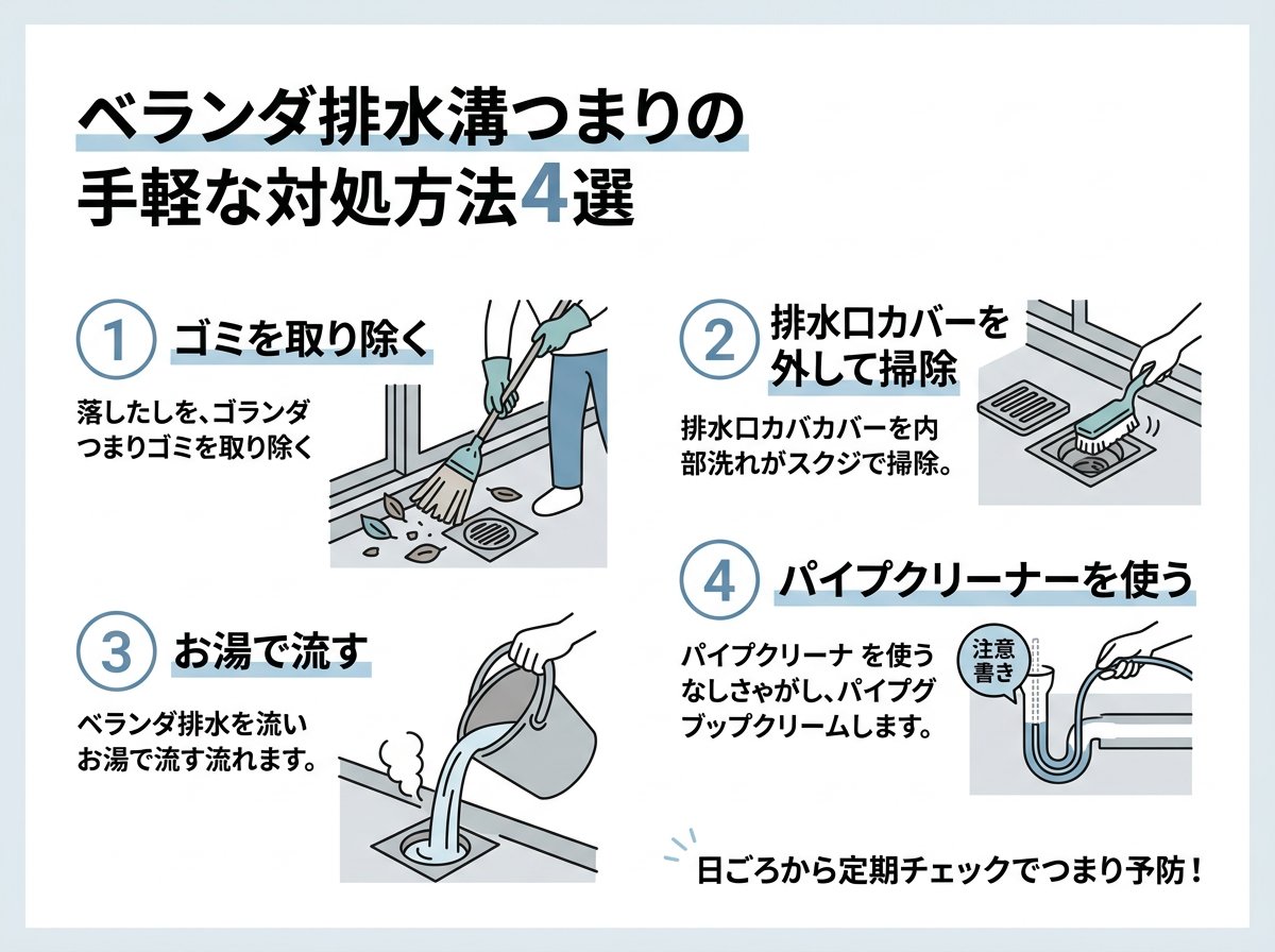 ベランダ排水溝つまりの手軽な対処方法4選