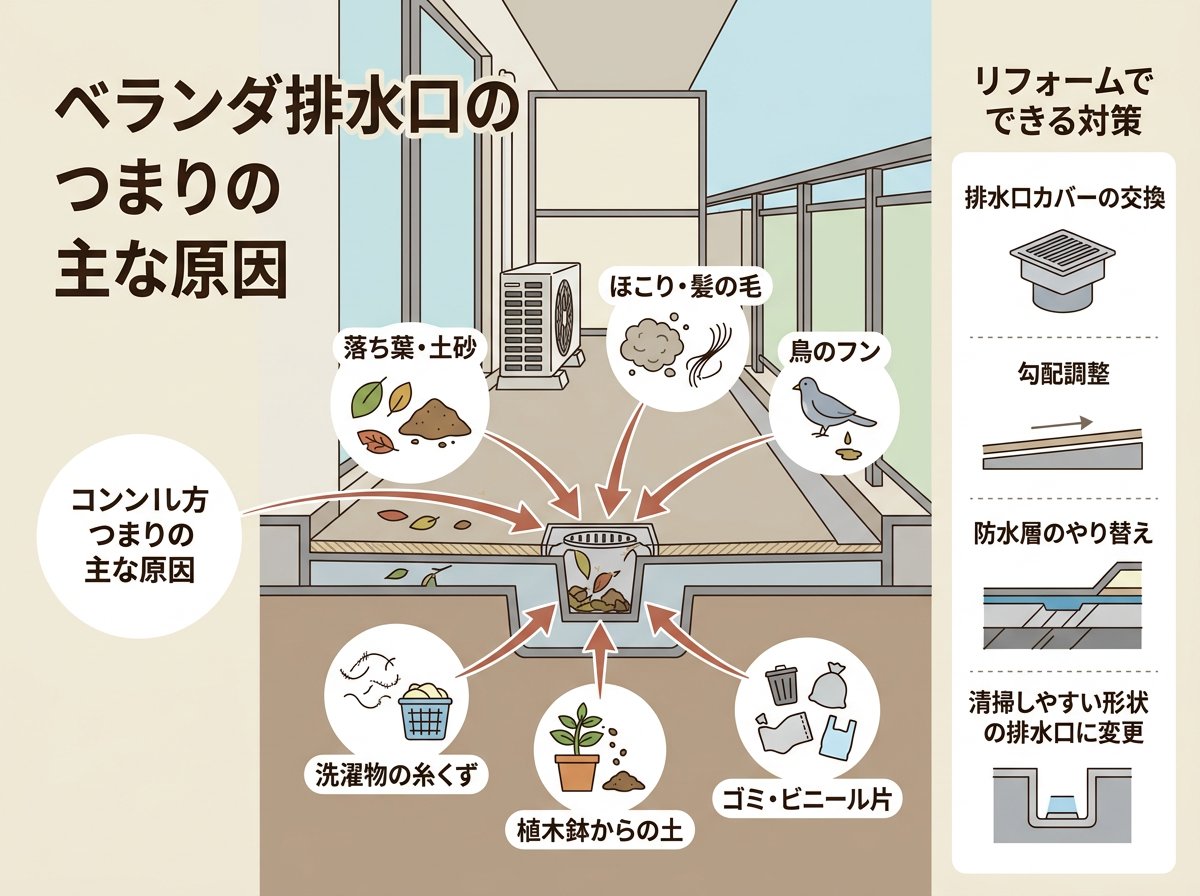 ベランダ 排水口のつまりの主な原因