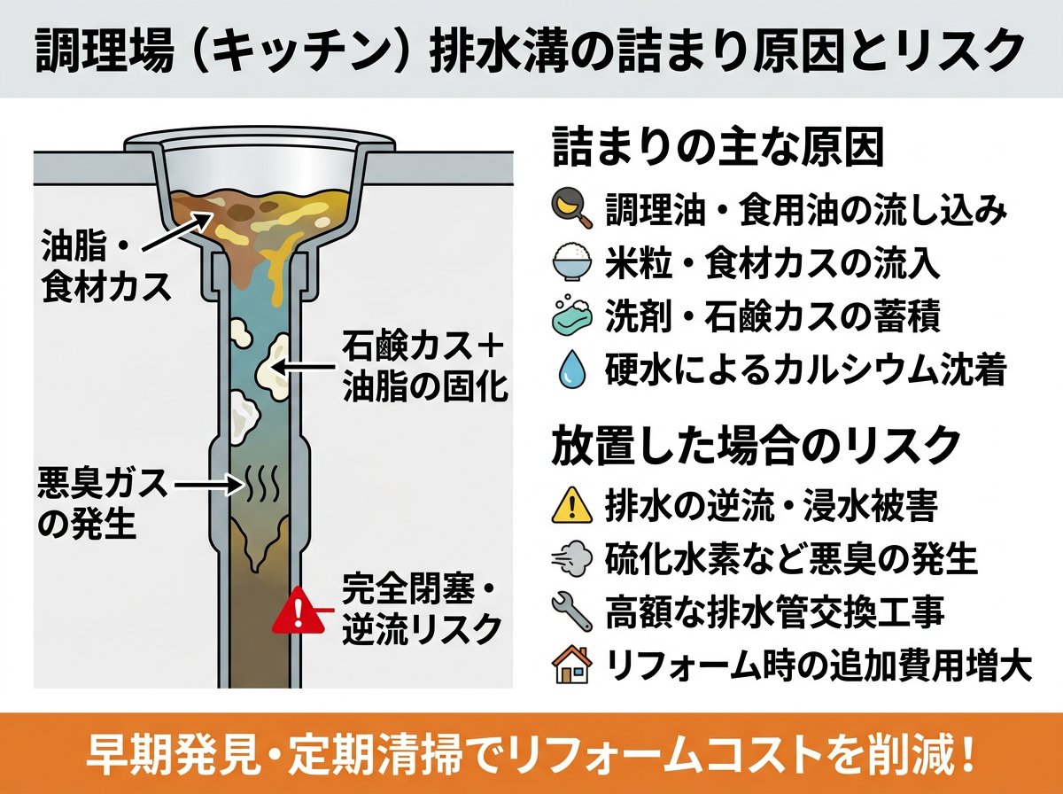調理場 排水溝の詰まり原因とリスク