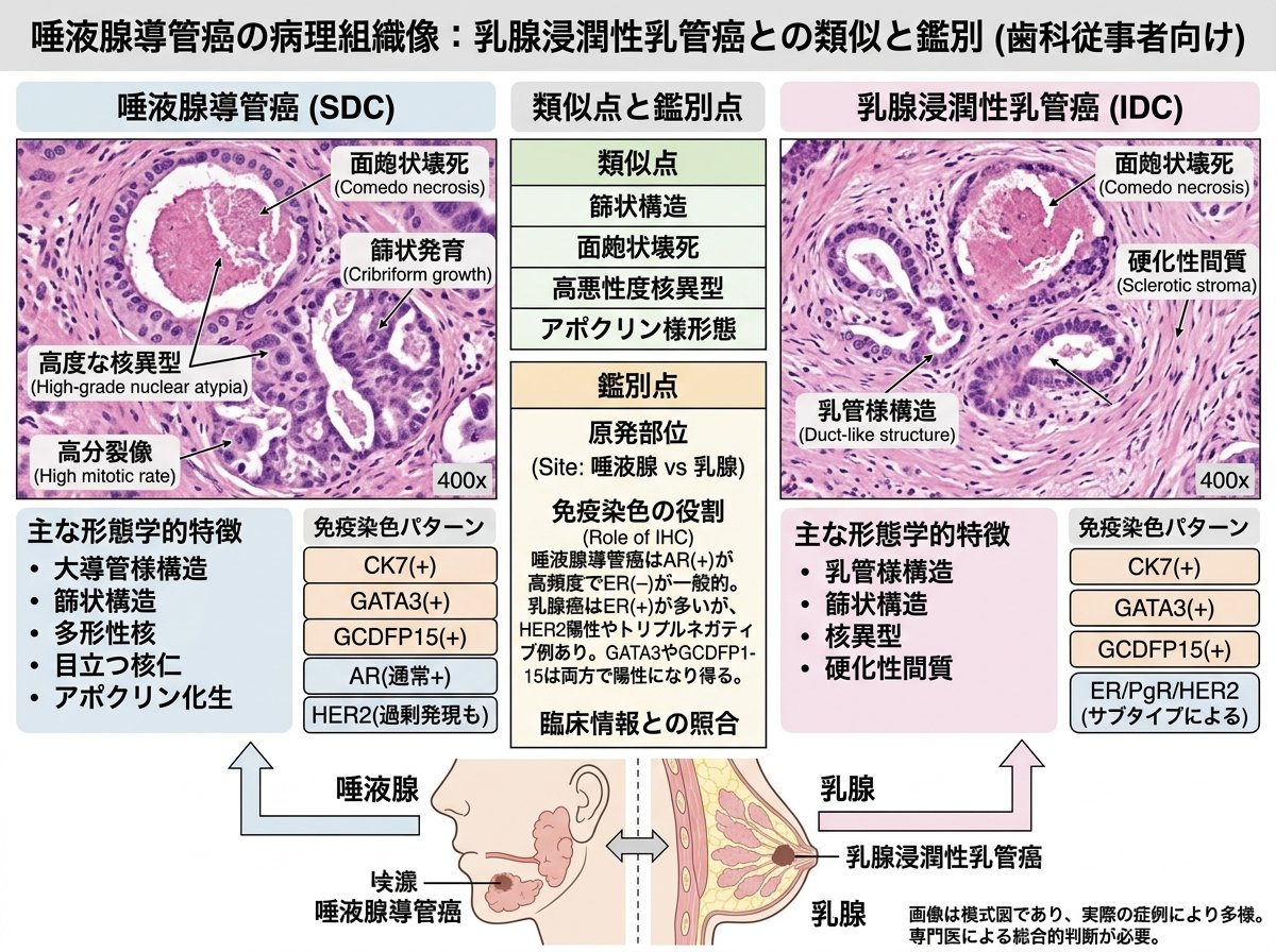 唾液腺導管癌の病理組織像:乳腺浸潤性乳管癌との類似と鑑別