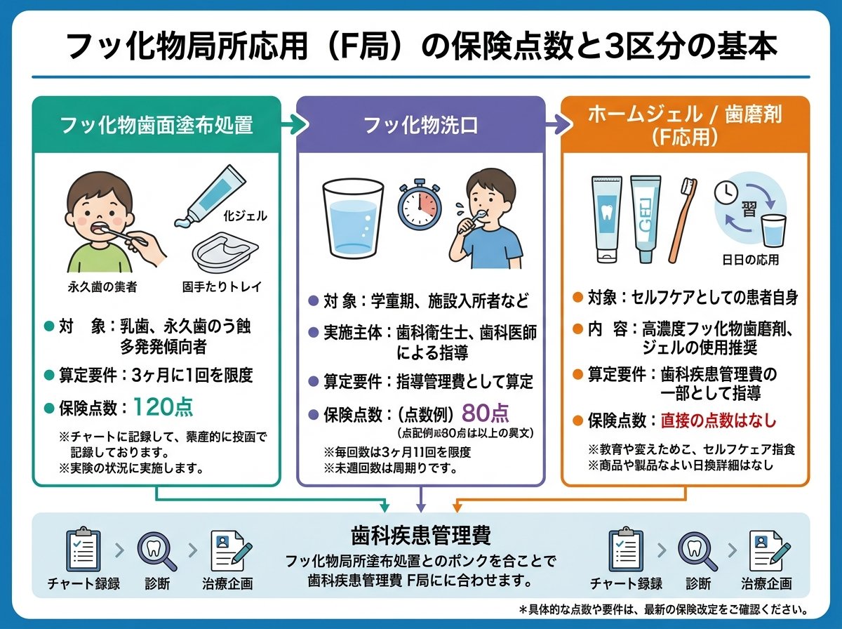 フッ化物局所応用（F局）の保険点数と3区分の基本