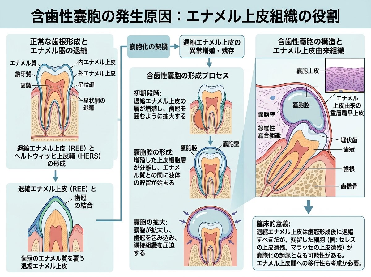 含歯性嚢胞の発生原因:エナメル上皮組織の役割