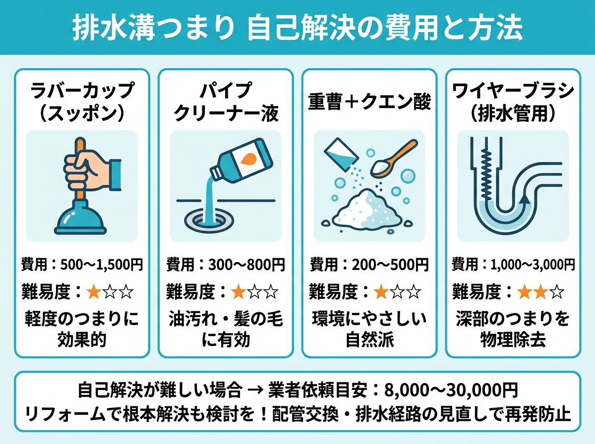 排水溝つまりの自己解決にかかる費用と方法