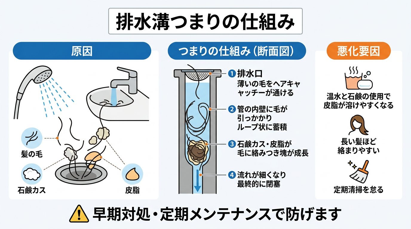 排水溝の髪の毛つまりが起こる仕組みと原因