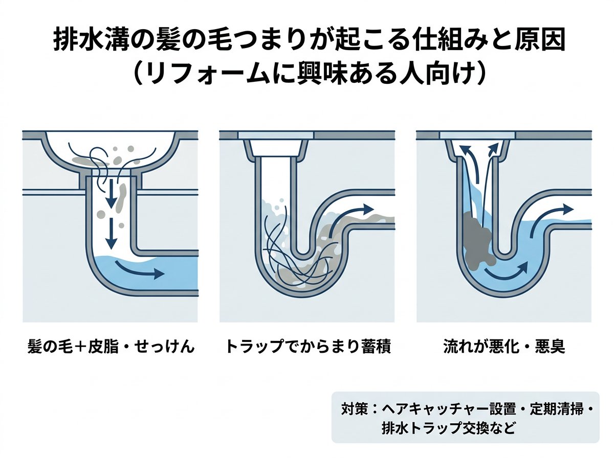 排水溝の髪の毛つまりが起こる仕組みと原因
