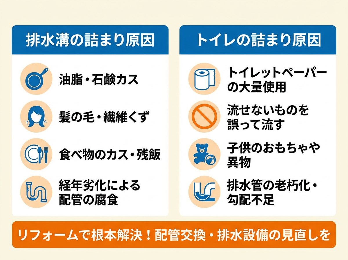 排水溝とトイレの詰まりが起こる主な原因