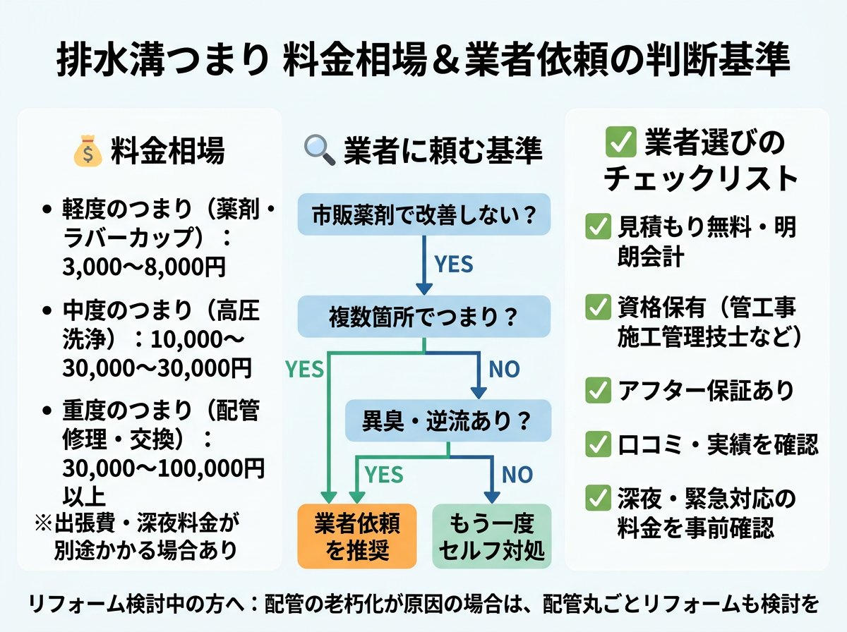 排水溝つまり解消の料金相場と業者依頼の基準