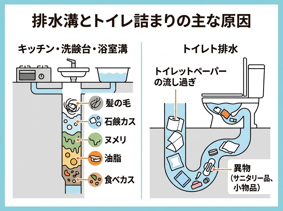 排水溝とトイレの詰まりが起こる主な原因