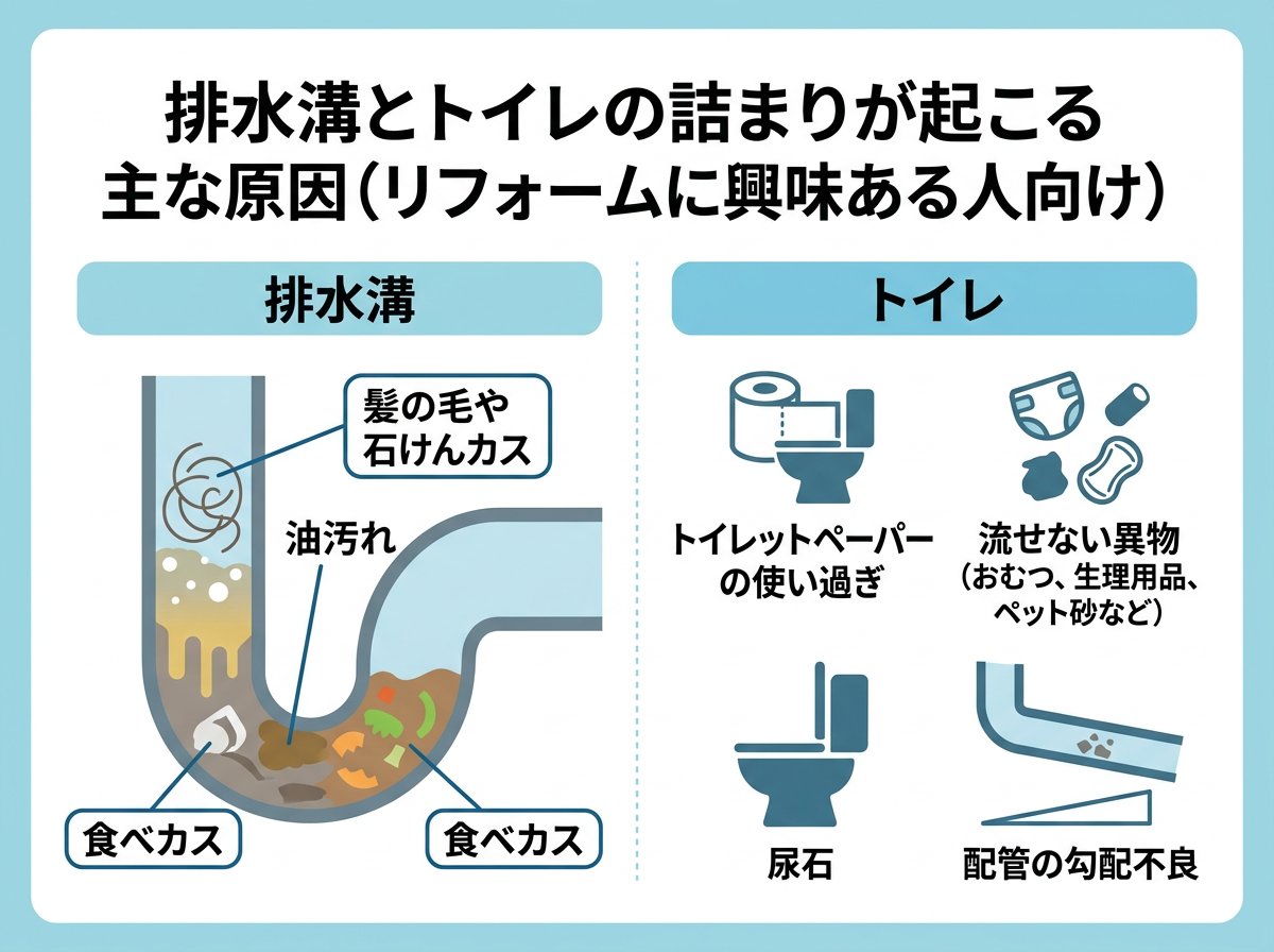 排水溝とトイレの詰まりが起こる主な原因
