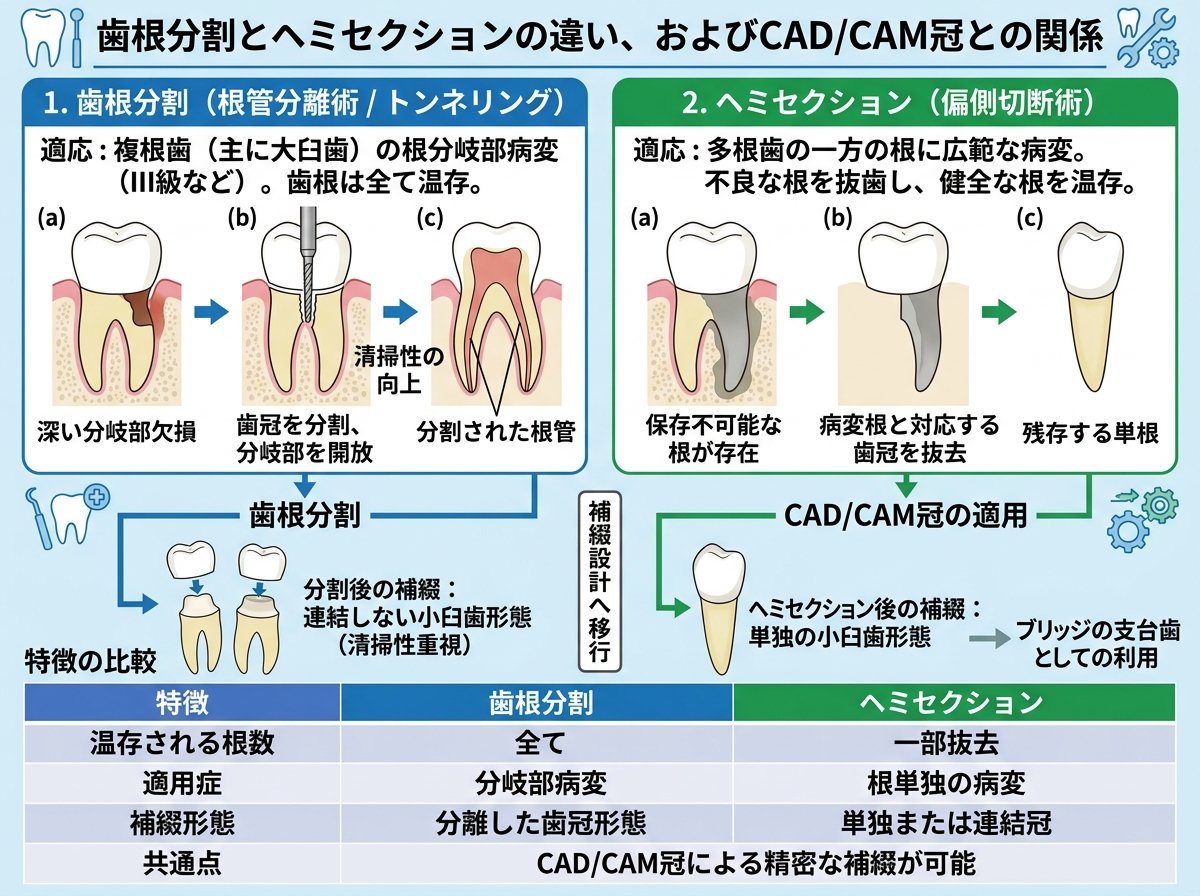 歯根分割とヘミセクションの違い、CAD/CAM冠との関係