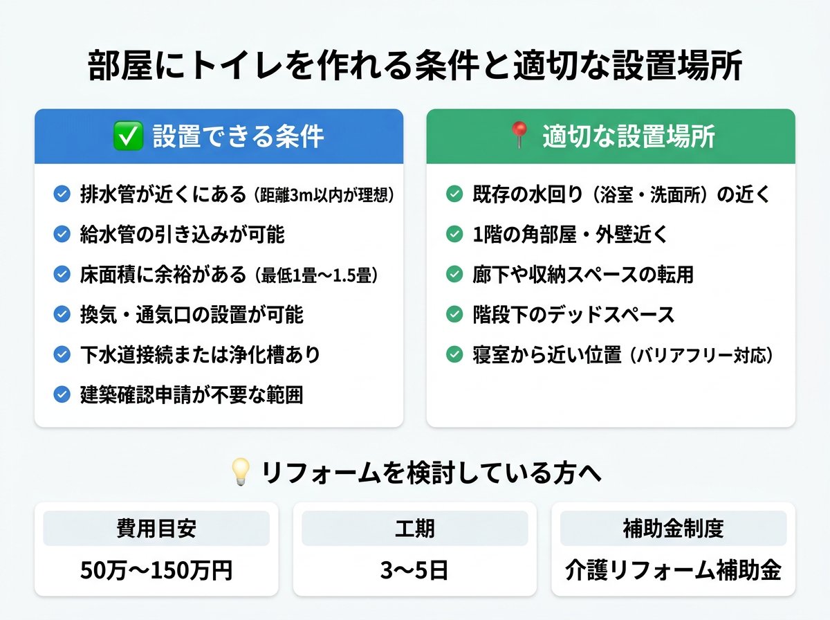 部屋にトイレを作れる条件と適切な設置場所