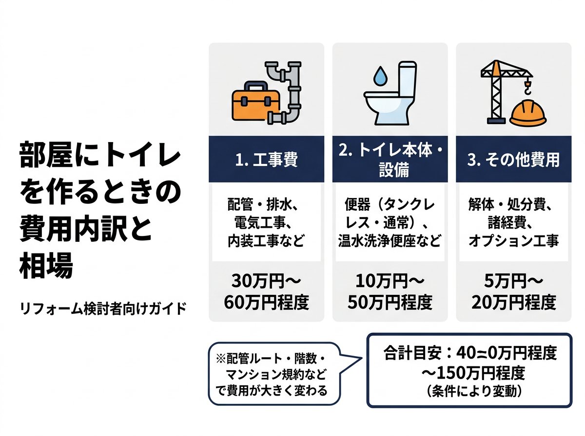 部屋にトイレを作る際の費用内訳と相場