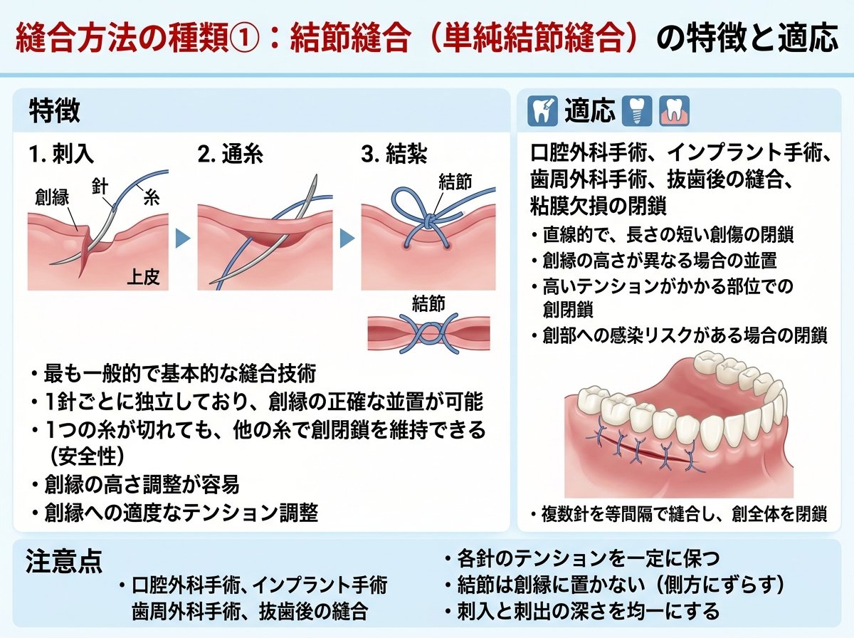 縫合方法の種類①：結節縫合（単純結節縫合）の特徴と適応