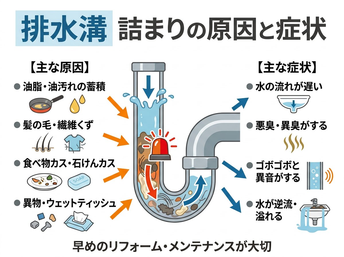家の排水溝の詰まりの主な原因と症状