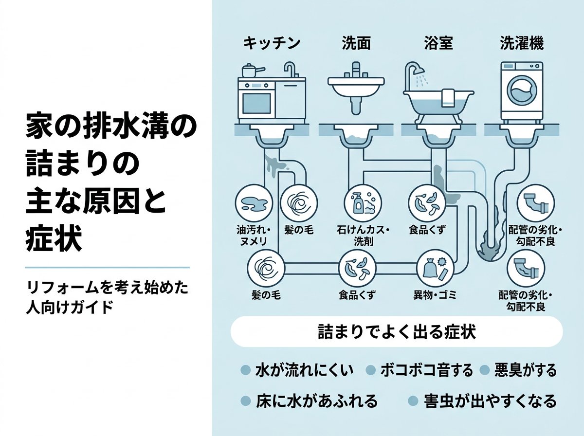 家の排水溝の詰まりの主な原因と症状