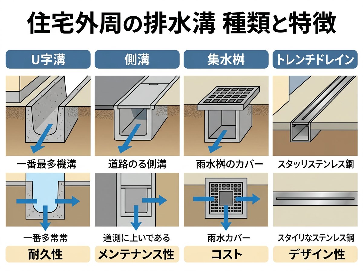 家の外の排水溝の種類と特徴