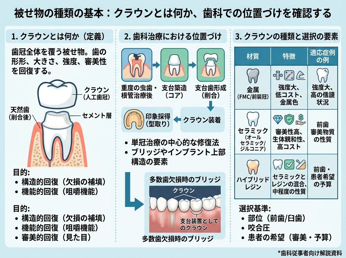 被せ物の種類の基本:クラウンとは何か、歯科での位置づけを確認する