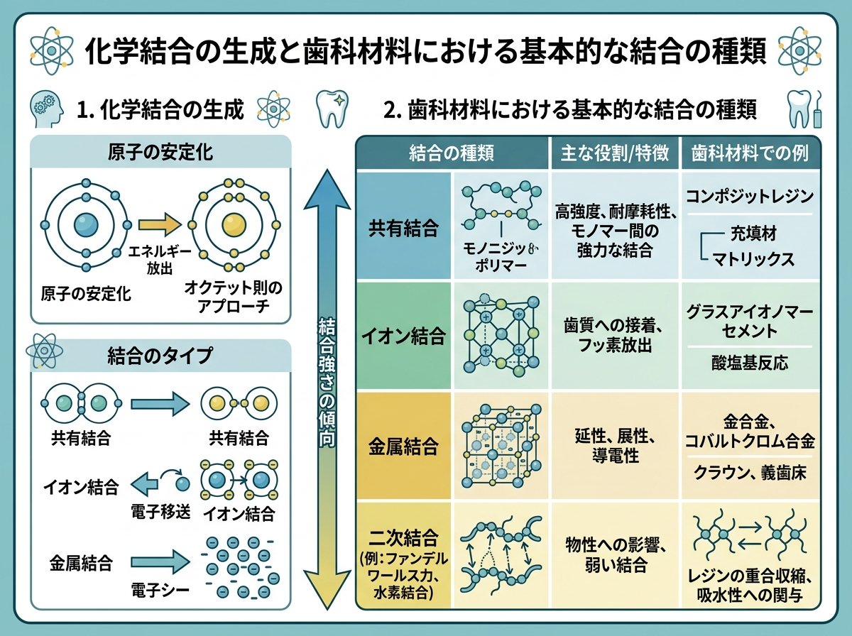 化学結合の生成と歯科材料における基本的な結合の種類