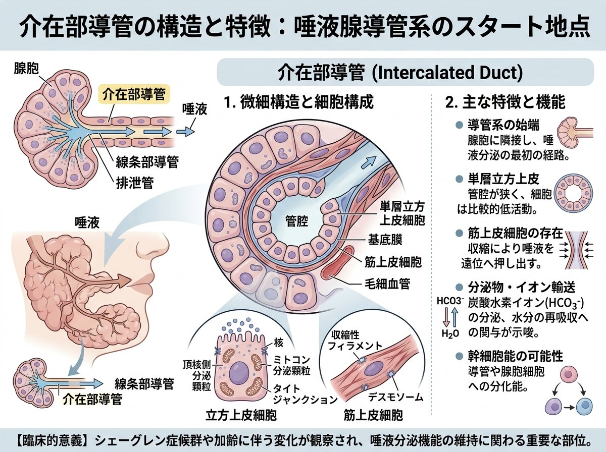 介在部導管の構造と特徴:唾液腺導管系のスタート地点