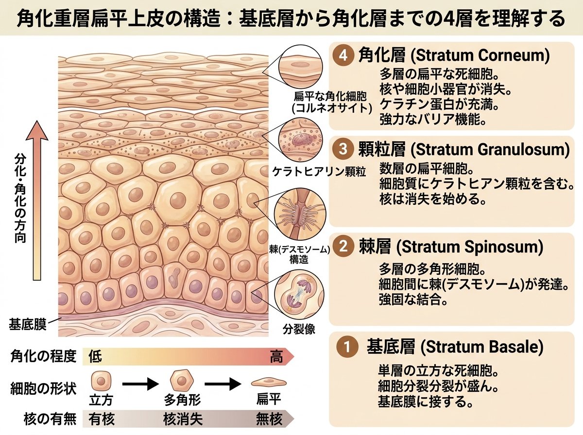 角化重層扁平上皮の構造:基底層から角化層までの4層を理解する