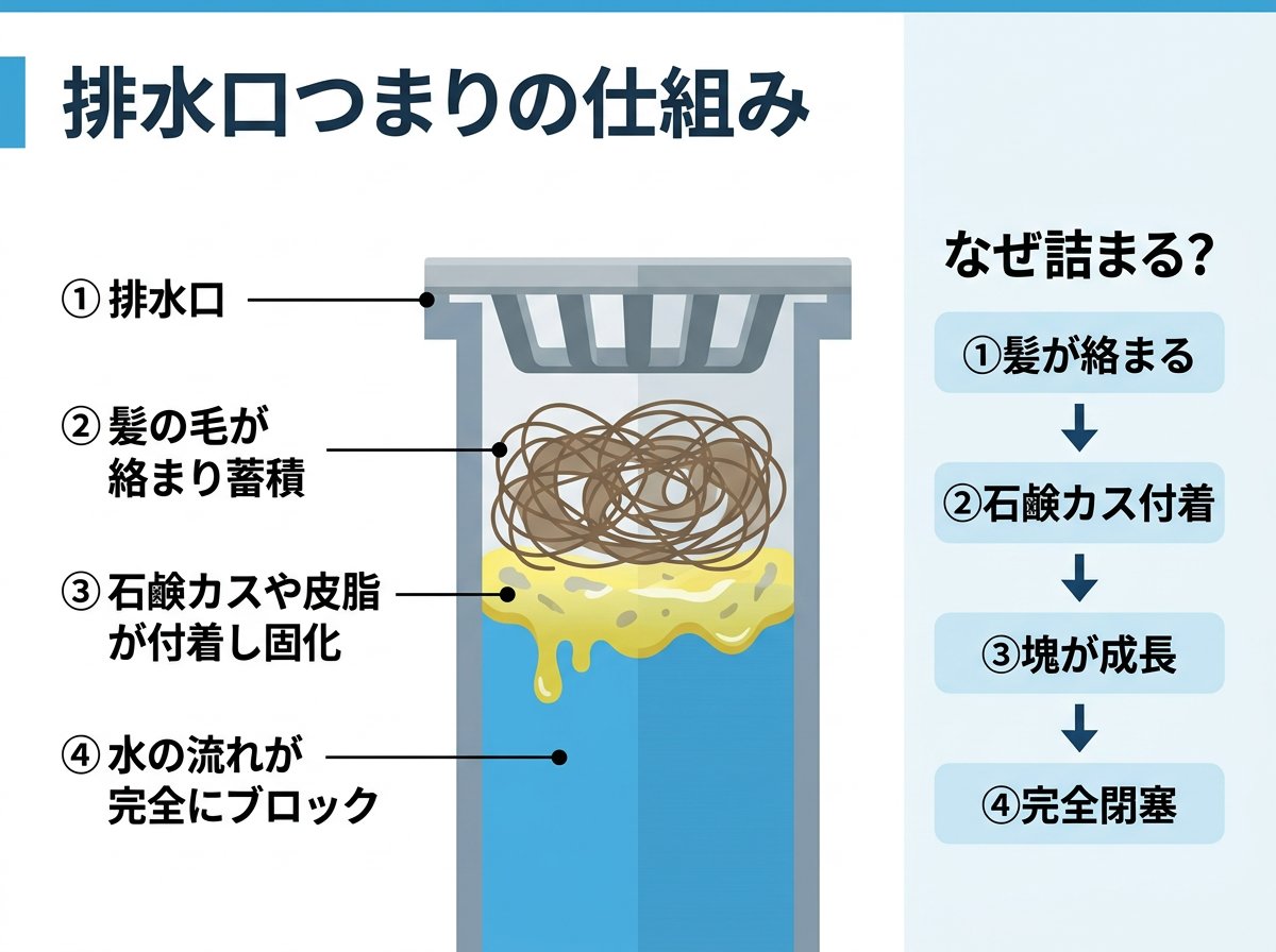 髪の毛による排水口つまりの仕組み