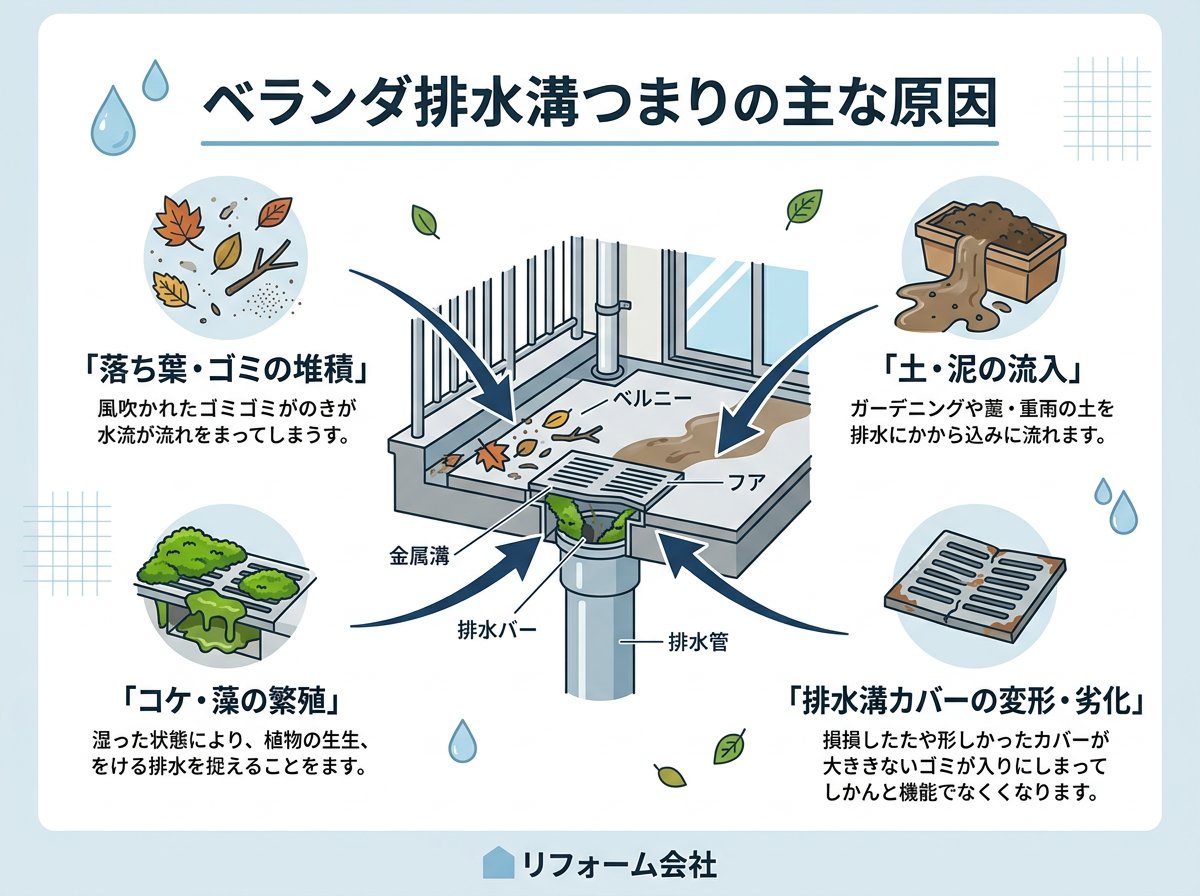 マンションのベランダ排水溝つまりの主な原因