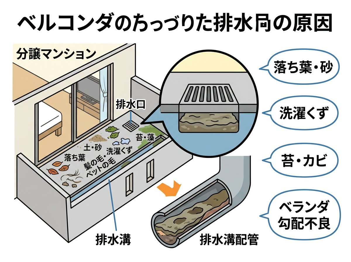 マンション ベランダ 排水溝の詰まり原因