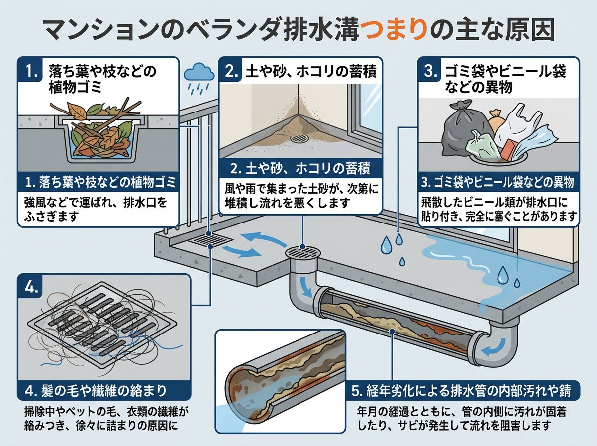 マンションのベランダ排水溝つまりの主な原因