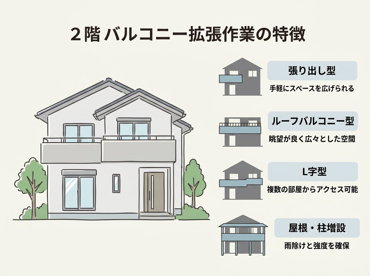 二階のベランダ拡張工事の種類と特徴