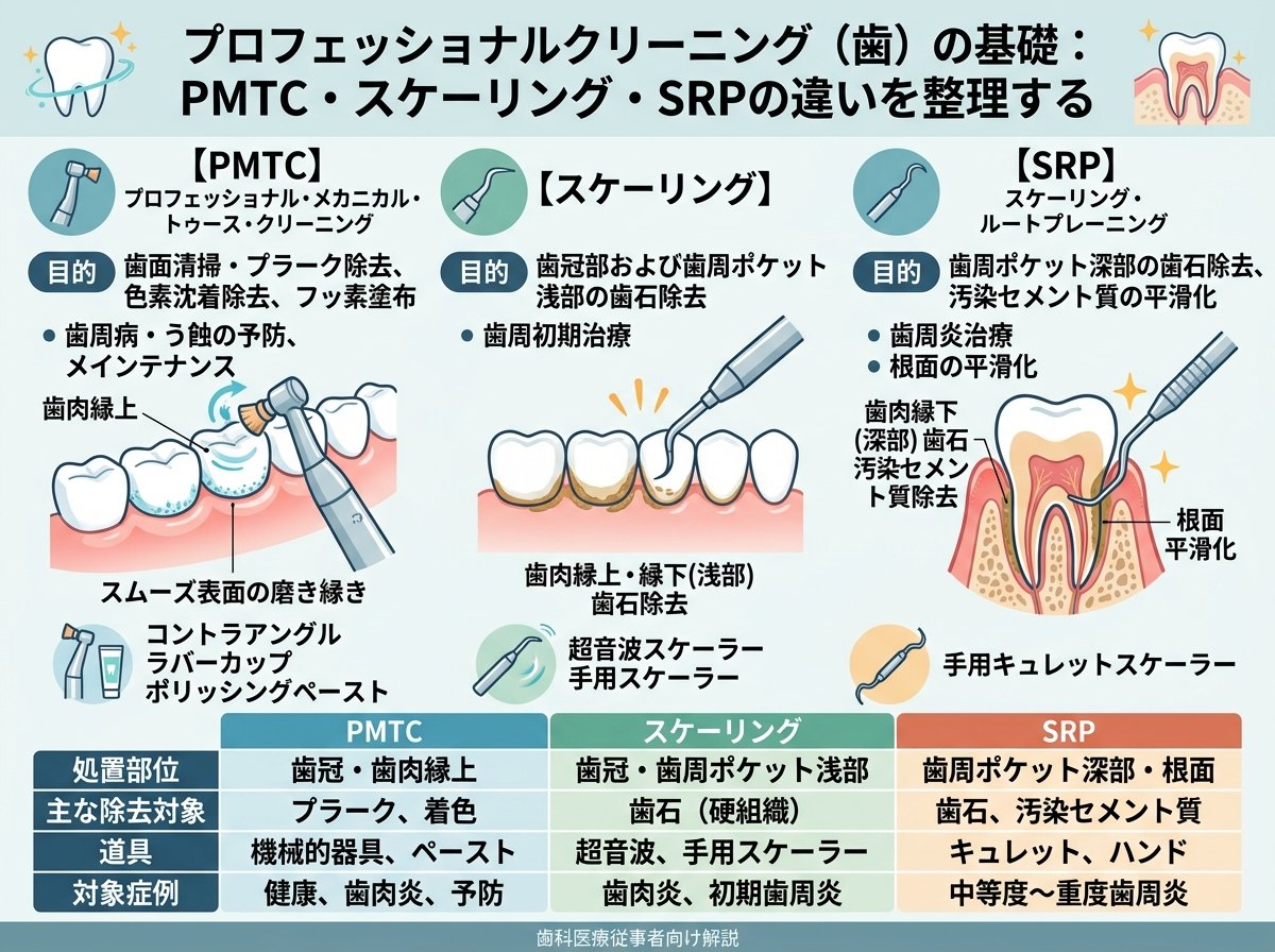 プロフェッショナルクリーニング(歯)の基礎:PMTC・スケーリング・SRPの違いを整理する