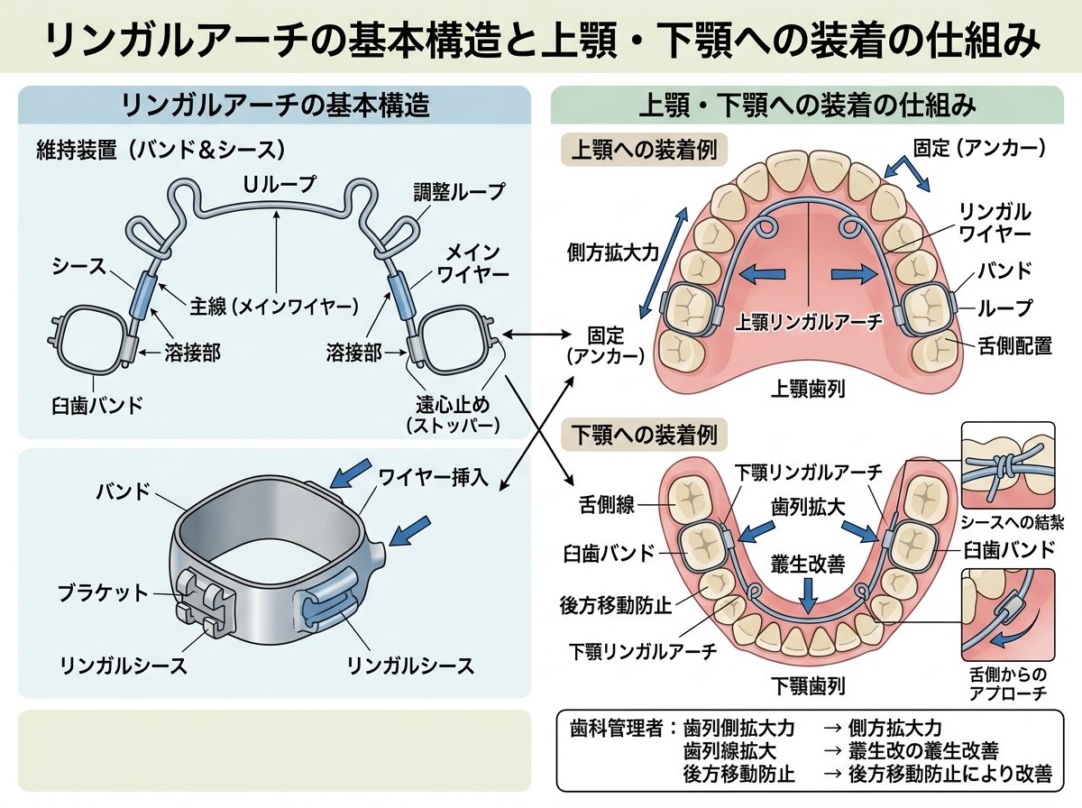 リンガルアーチの基本構造と上顎・下顎への装着の仕組み