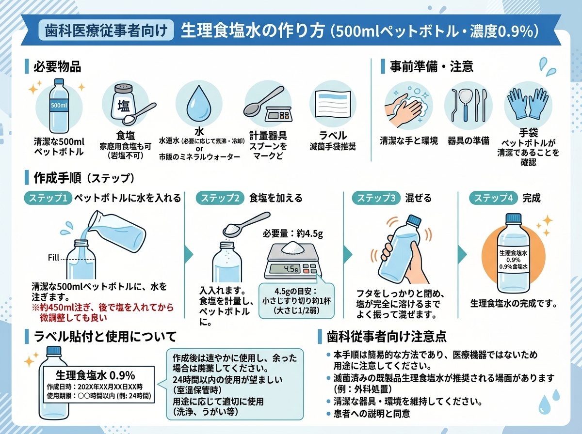 生理食塩水の作り方:500mlペットボトルを用いた濃度0.9%の手順