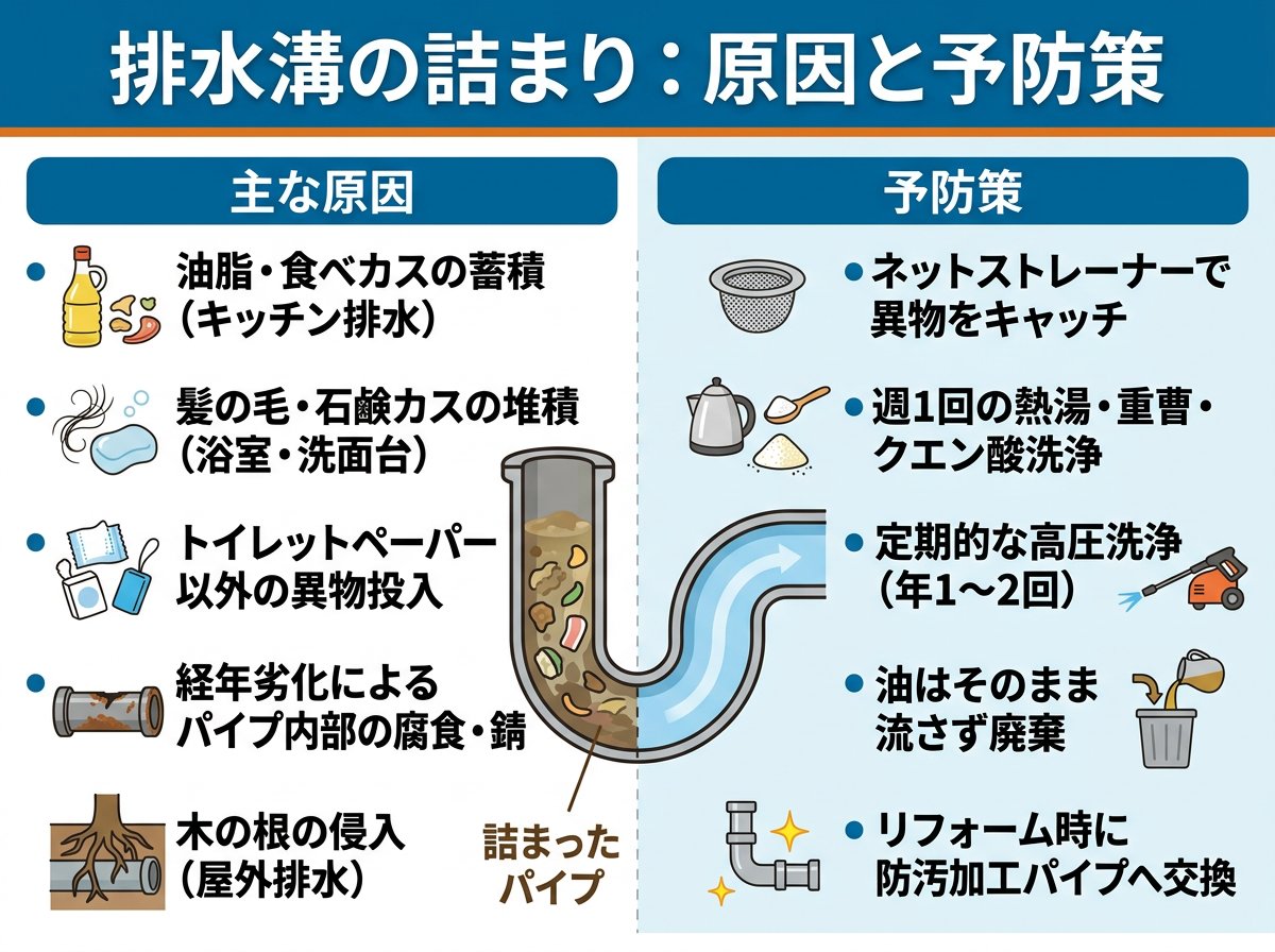 排水溝の詰まりが起きる主な原因と予防策