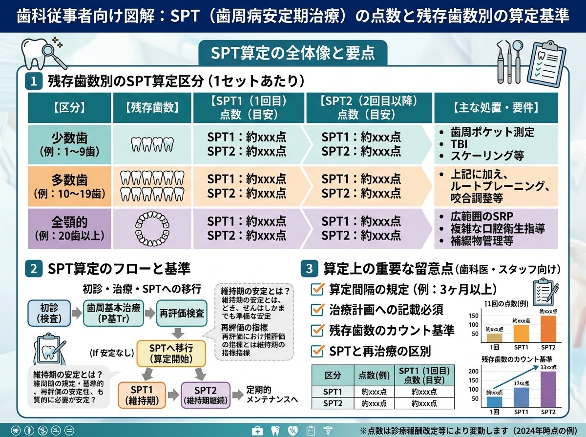 SPT(歯周病安定期治療)の点数と残存歯数別の算定基準