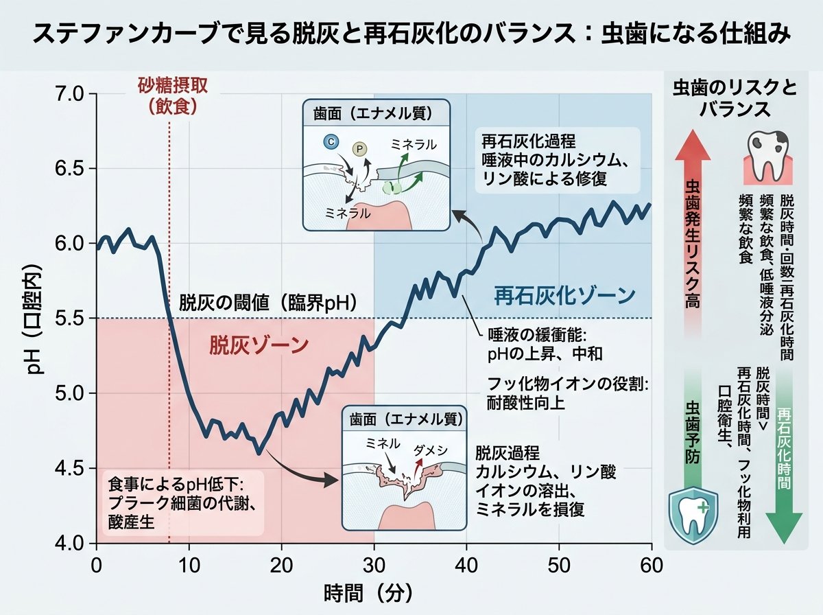 ステファンカーブで見る脱灰と再石灰化のバランス：虫歯になる仕組み