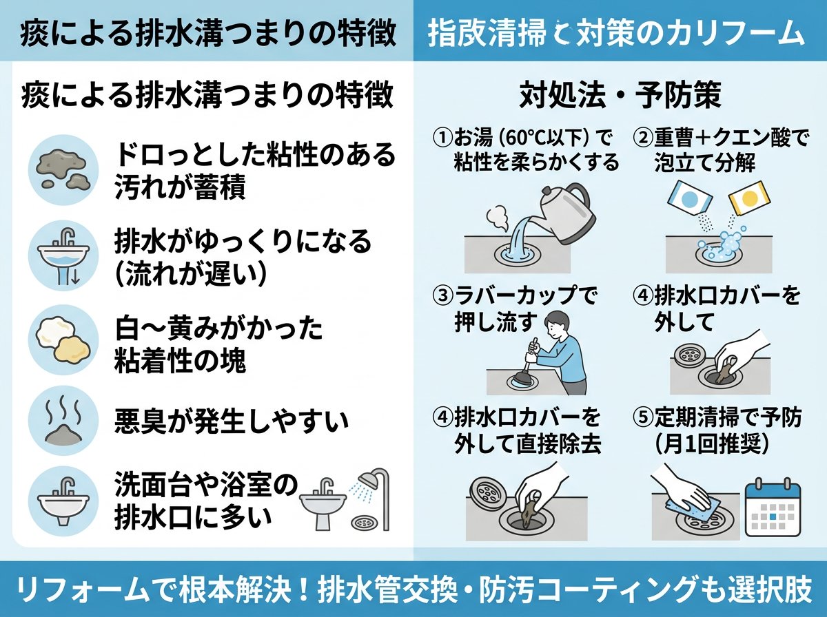 痰による排水溝つまりの特徴と対処法