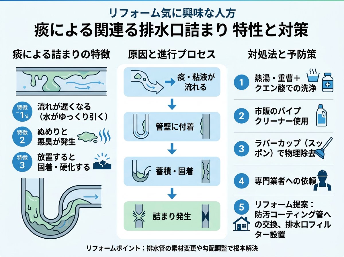 痰による排水溝つまりの特徴と対処法
