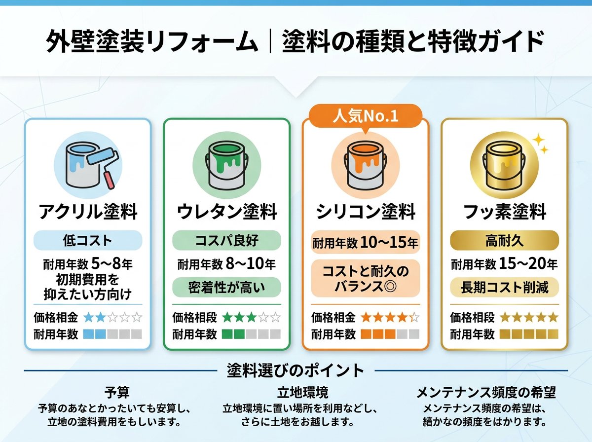 塗装の塗り替えで使用する塗料の種類と特徴