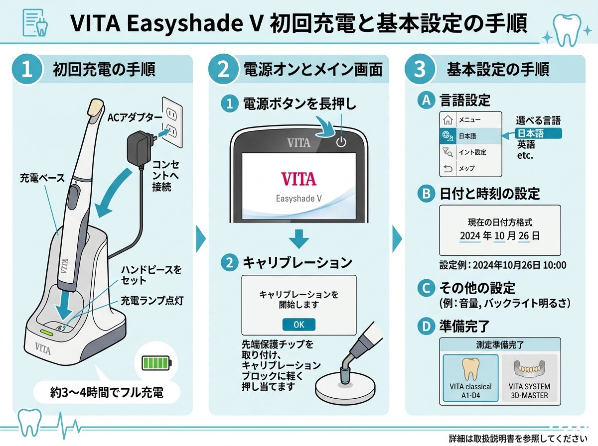 vita easyshade v manualが指定する初回充電と基本設定の手順